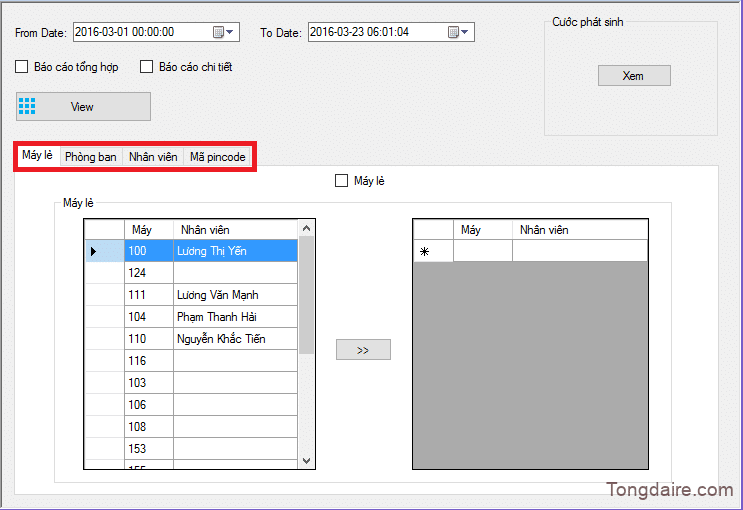 báo cáo cuộc gọi theo máy lẻ, phòng ban, nhân viên